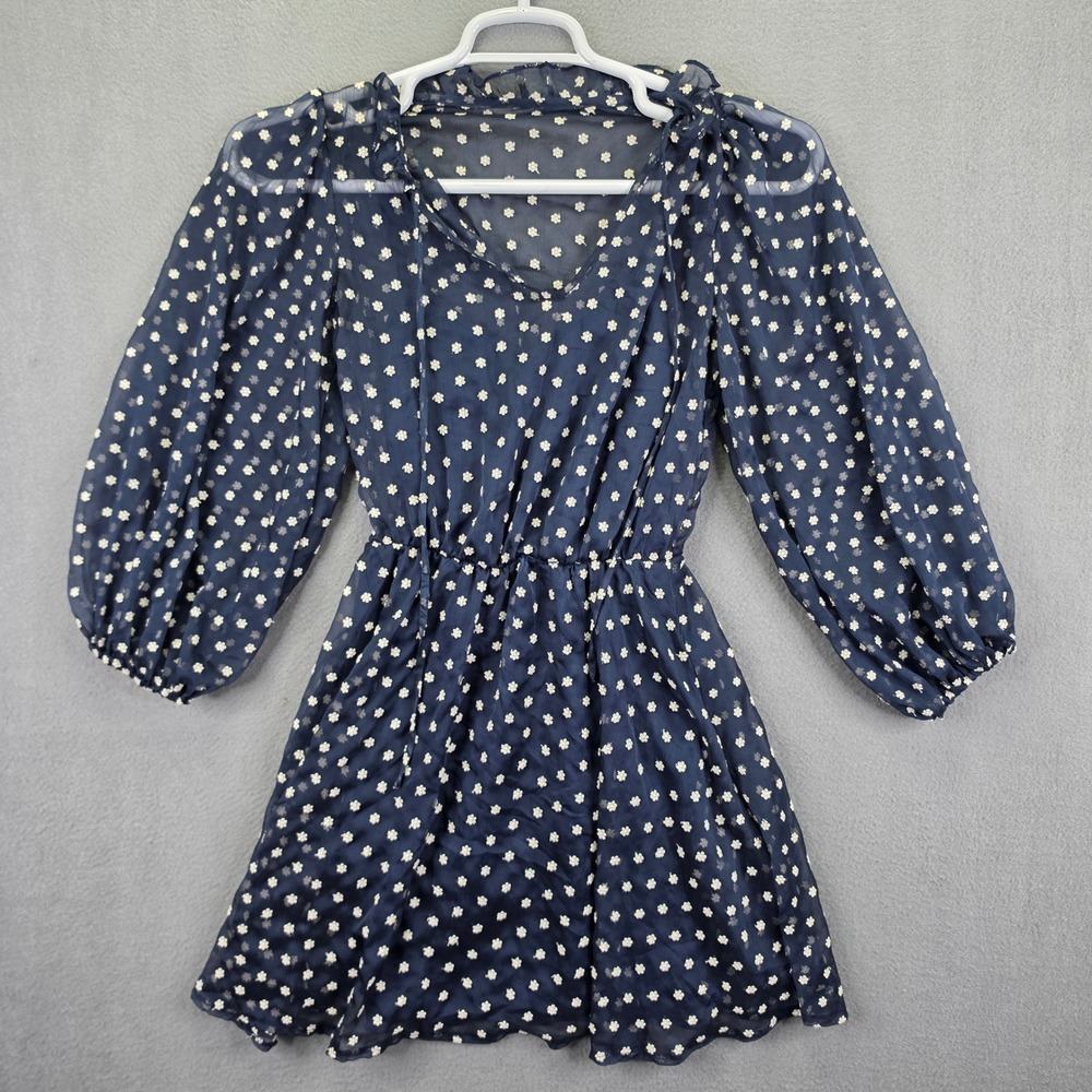 B. Darlin Mini Dress Floral Chiffon Navy Blue Size 0 Sheer Sleeve Cottagecore